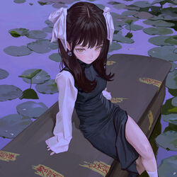  black_dress brown_eyes brown_hair case china_dress chinese_clothes closed_mouth coffin commentary crossed_legs dress earrings eyeball_bracelet_girl_(fkey) feet_out_of_frame female fkey hair_over_shoulder jewelry lily_pad long_hair long_sleeves looking_at_viewer ofuda original sitting socks solo symbol-only_commentary talisman upturned_eyes white_socks yin_yang yin_yang_earrings 