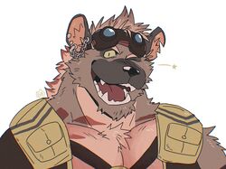  1boy another_eidos-r artist_logo bara bare_pectorals chest_strap ear_piercing english_commentary fangs furry furry_male gamubear goggles goggles_on_head hyena_boy hyena_ears looking_at_viewer male_focus nitro_(another_eidos) one_eye_closed open_mouth pectorals piercing star_(symbol) upper_body white_background 