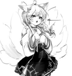  absurdres ahoge animal_ear_fluff animal_ears braid braided_ponytail chestnut_mouth collar cowboy_shot daeno eight-tailed_fox_nari english_commentary female flat_chest fox_ears fox_girl fox_tail greyscale guardian_tales hair_ornament highres jewelry long_hair long_sleeves looking_at_viewer monochrome multiple_tails open_mouth pendant photoshop_(medium) rabbit_pose side_slit simple_background single_braid skirt solo tail tongue whiskers white_background 