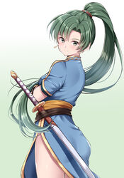  ass blue_dress breasts commentary_request cowboy_shot dress earrings female fire_emblem fire_emblem:_the_blazing_blade from_behind gradient_background green_background green_eyes green_hair high_ponytail jewelry jiino katana long_hair looking_at_viewer looking_back lyn_(fire_emblem) medium_breasts orange_sash ponytail sash scabbard sheath sheathed short_sleeves side_slit smile solo standing sword thighs very_long_hair weapon white_background 