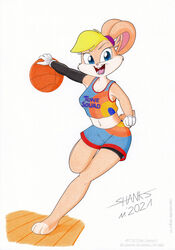  3_toes anthro ball barefoot basketball_(ball) basketball_uniform belly blonde_hair breasts clothed clothing feet female hair hare lagomorph leporid lola_bunny looney_tunes mammal navel paws plantigrade rabbit scut_tail short_tail solo space_jam space_jam:_a_new_legacy sport sportswear tail tirashanks_(artist) toes tune_squad_outfit tune_squad_outfit_(2021) uniform warner_brothers 