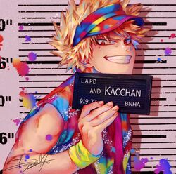  1boy absurdres bakugou_katsuki barbie_(franchise) barbie_(live_action) barbie_mugshot_(meme) blonde_hair boku_no_hero_academia character_name cosplay dagnes_art english_text gradient_shirt grin height_mark highres holding holding_sign ken_(barbie) ken_(barbie)_(cosplay) looking_at_viewer male_focus meme mugshot prisoner red_eyes short_hair sign smile spiked_hair upper_body 