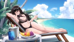  abs apple artist_logo banana bare_shoulders beach black_hair black_one-piece_swimsuit bottle breasts brown_eyes can cleavage cleavage_cutout clothing_cutout cloud cocktail_glass commission covered_collarbone cup drinking_glass eyewear_on_head female food fruit grapes hair_between_eyes highres holding holding_cup ice_bucket landacdeus legs long_hair muscular muscular_female ocean oerba_yun_fang one-piece_swimsuit open_mouth orange_(fruit) orange_slice original palm_tree patreon_username skin_fang sky solo stomach_cutout sunglasses swimsuit toenails toes towel tree twitter_username vgen_commission water wet 