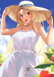  artist_logo blonde_hair blue_ribbon breasts brown_eyes cloud collarbone commission dress elf female food food_in_mouth fruit hat hat_ribbon highres hololive landacdeus long_hair multicolored_hair panties_visible_through_clothes patreon_username pointy_ears ribbon shiranui_flare sky sleeveless sleeveless_dress solo strawberry sun_hat sundress tan twitter_username two-tone_hair vgen_commission white_dress white_hair 