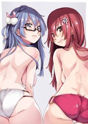  22/7 2girls ass bikini bikini_bottom_only black-framed_eyewear blue_eyes blue_hair blush braid flower from_behind hair_flower hair_ornament hair_ribbon highres kisairo_kaede light_blue_hair long_hair looking_at_viewer looking_back maruyama_akane multiple_girls o-ring o-ring_bottom parted_lips rectangular_eyewear red_bikini red_eyes red_hair ribbon sato_reika semi-rimless_eyewear sidelocks simple_background single_braid straight_hair swimsuit topless under-rim_eyewear white_background white_bikini white_flower 