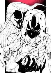  2boys blood blood_on_face braid c73an collarbone dark diavolo eyelashes fingernails greyscale highres jojo_no_kimyou_na_bouken long_hair long_sleeves male_focus monochrome multiple_boys no_pupils ribbed_sweater shaded_face shoulder_tattoo sweater tattoo vento_aureo vinegar_doppio 