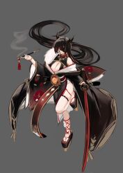  absurdly_long_hair absurdres bare_shoulders black_hair black_horns black_kimono breasts chiyu1182 cleavage english_commentary eyepatch female grey_background hair_over_one_eye highres holding holding_smoking_pipe holding_sword holding_weapon horns japanese_clothes kimono large_breasts long_hair long_sleeves platform_footwear sheath simple_background smoke smoking_pipe solo sword thigh_strap unsheathed very_long_hair weapon wide_sleeves world_of_warships 