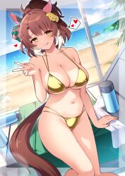  :p absurdres animal_ears beach bikini blue_sky breasts brown_hair closed_mouth cloud dantsu_flame_(umamusume) day ear_covers ear_ribbon female gold_bikini heart highres horse_ears horse_girl large_breasts looking_at_viewer multicolored_hair open_mouth outdoors parasol ponytail rumo short_hair sitting sky smile solo spoken_heart swimsuit tongue tongue_out two-tone_hair umamusume umbrella white_hair yellow_eyes 