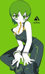  c73an cuffs drinking_straw drinking_straw_in_mouth english_text female foo_fighters_(jojo) foot_out_of_frame green_background green_eyes green_hair green_theme handcuffs highres jojo_no_kimyou_na_bouken mouth_hold overalls short_hair simple_background solo stone_ocean strap_slip 