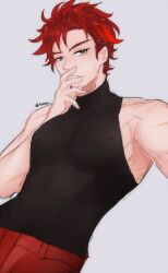  1boy alternate_costume black_shirt diamant_(fire_emblem) fire_emblem fire_emblem_engage highres male_focus pants red_eyes red_hair red_pants serafineart1001 shirt short_hair sleeveless sleeveless_shirt upper_body 