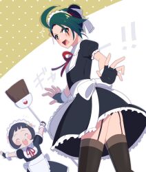  2girls :d ^_^ ahoge alternate_costume black_dress black_gloves black_panties blush blush_stickers bright_pupils broom closed_eyes commentary_request dress enmaided fingerless_gloves garter_straps gloves green_hair hair_ribbon holding maid maid_headdress multiple_girls open_mouth outstretched_arms panties panty_peek pokemon pokemon_sv poppy_(pokemon) ribbon rika_(pokemon) rikinako380 smile sweatdrop teeth thighhighs underwear upper_teeth_only white_pupils 