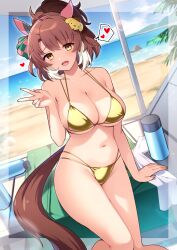  absurdres animal_ears beach bikini blue_sky breasts brown_hair cloud dantsu_flame_(umamusume) day ear_covers ear_ribbon female gold_bikini heart highres horse_ears horse_girl large_breasts looking_at_viewer multicolored_hair open_mouth outdoors parasol ponytail rumo short_hair sitting sky smile solo spoken_heart swimsuit two-tone_hair umamusume umbrella white_hair yellow_eyes 