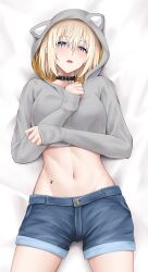  azur_lane banba_(jakqbigone) bataan_(azur_lane) bed_sheet black_choker blonde_hair blue_eyes choker cowboy_shot crop_top cropped_hoodie denim denim_shorts female grey_hoodie highres hood hoodie looking_at_viewer lying midriff navel on_back open_mouth short_hair shorts solo stomach thighs 