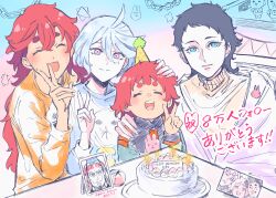  4girls absurdres black_hair cake cool_(gundam_suisei_no_majo) delling_rembran ericht_samaya food grey_hair gundam gundam_suisei_no_majo happy happy_birthday hat highres hots_(gundam_suisei_no_majo) miorine_rembran mother_and_daughter multiple_girls nadim_samaya party_hat prospera_mercury red_hair siblings sisters smile suletta_mercury thick_eyebrows wife_and_wife yuri_kyanon 