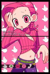  1boy absurdres belt blush_stickers braid c73an cleavage_cutout clothing_cutout doki_doki_majo_shinpan dot_nose eyelashes freckles green_belt hand_on_own_face highres jojo_no_kimyou_na_bouken male_focus midriff navel open_mouth pants pink_background pink_eyes pink_sweater purple_pants ribbed_sweater solo sweatdrop sweater translation_request vento_aureo vinegar_doppio 