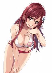  22/7 blush breasts cleavage collarbone feet_out_of_frame female floral_print_bikini flower hair_flower hair_ornament hand_on_own_chest hand_on_own_leg highres kisairo_kaede leaning_forward long_hair looking_at_viewer open_mouth red_eyes red_hair sato_reika sidelocks smile solo standing straight_hair teeth upper_teeth_only white_background white_flower 