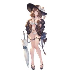  belt bikini black_bow black_hat blue_eyes blush bow breasts brown_hair cleavage feet female flower full_body granblue_fantasy hair_flower hair_ornament hat hat_bow large_breasts legs long_hair looking_at_viewer low_twintails minaba_hideo nail_polish navel official_art raziel_(granblue_fantasy) sandals solo swimsuit thigh_belt thigh_strap thighs toenail_polish toenails toes transparent_background twintails umbrella white_bikini white_bow 