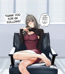  absurdres ahoge alternate_costume arm_support barefoot blush breasts brown_eyes chair cleavage cleavage_cutout closed_mouth clothing_cutout english_commentary english_text feet female girls&#039;_frontline grey_hair helianthus_(girls&#039;_frontline) highres indoors long_hair matsu_arts sitting solo speech_bubble thank_you toes 