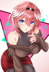  absurdres belt black_belt black_hairband blue_eyes bodystocking breasts brown_sweater cleavage collarbone female hair_between_eyes hairband halterneck head_wings highres hololive leaning_forward off_shoulder open_mouth pink_hair pink_nails red_skirt see-through see-through_cleavage short_hair skirt solo sweater takane_lui tenmakai triangle_background virtual_youtuber wings 