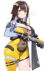  :t blunt_bangs bodysuit breasts brown_hair cleavage conto female gun headgear highres holding holding_weapon large_breasts long_hair looking_at_viewer multicolored_hair official_alternate_costume plump pout shotgun simple_background siris_(snowbreak) snowbreak:_containment_zone solo standing streaked_hair weapon white_background white_hair wide_hips yellow_bodysuit yellow_eyes 