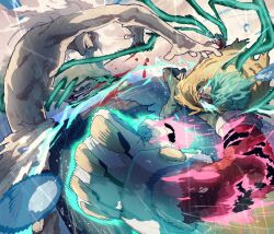  2boys blood boku_no_hero_academia clenched_hand covered_mouth fighting gauntlets green_eyes green_hair green_scarf highres injury long_hair male_focus medium_hair midoriya_izuku multiple_boys muscular muscular_male open_mouth poncho punching red_hair scarf shigaraki_tomura taku_(aywakutakuay) teeth topless_male white_hair 