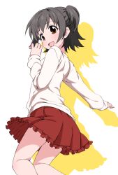  akagi_miria black_hair blush brown_eyes drop_shadow eyelashes feet_out_of_frame female hatakenaka_(kamagabuchi) highres idolmaster idolmaster_cinderella_girls long_sleeves looking_back open_mouth outstretched_arm red_skirt shirt short_hair skirt solo white_background white_shirt 