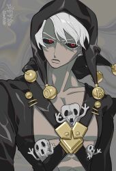  1boy absurdres bare_pectorals black_hat black_jacket black_sclera c73an closed_mouth collarbone colored_sclera eyelashes grey_background grey_hair hat highres jacket jester_cap jojo_no_kimyou_na_bouken looking_at_viewer male_focus metallica_(stand) pectorals red_eyes risotto_nero short_hair solo toned toned_male upper_body vento_aureo 