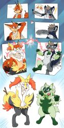  absurd_res ambiguous_gender anthro braixen canid canine duo embarrassed eyewear felid floragato fluffy fluffy_tail fox generation_6_pokemon generation_9_pokemon glasses hi_res lockely male mammal nintendo pantherine pokeball pokemon pokemon_(species) rainbowraven shocked snow_leopard species_transformation tail transformation transformation_sequence transformation_through_technology zeelo 