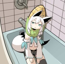  :&lt; absurdres ahoge animal_ears bathtub black_shorts blue_eyes braid cocomayo29_(tomato) commentary_request detached_sleeves faucet female fox_ears fox_girl fox_tail highres hololive in_bathtub indoors korean_commentary long_hair long_sleeves looking_at_viewer navel photo-referenced shirakami_fubuki shirakami_fubuki_(1st_costume) shorts side_braid single_thighhigh sitting solo stomach tail thighhighs tile_wall tiles virtual_youtuber white_hair 