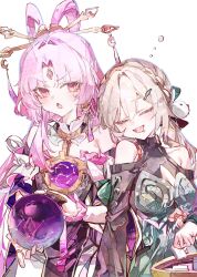  2girls :d absurdres bare_shoulders closed_eyes cocoballking crystal_ball dress fu_xuan_(honkai:_star_rail) grey_hair highres holding honkai:_star_rail honkai_(series) long_hair mahjong_tile multiple_girls open_mouth pink_hair qingque_(honkai:_star_rail) smile upper_body v-shaped_eyebrows white_background 