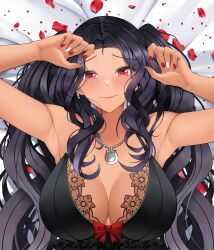  absurdres armpits arms_up babydoll bed_sheet black_babydoll black_hair bow breasts closed_mouth collarbone dark-skinned_female dark_skin female heart heart-shaped_pupils highres jewelry landacdeus large_breasts long_hair lying mole mole_under_eye mousepad_(medium) necklace nijisanji nijisanji_en on_back petals red_bow red_eyes red_nails red_petals scarle_yonaguni scarle_yonaguni_(3rd_costume) solo symbol-shaped_pupils twintails two-tone_nails upper_body white_nails 