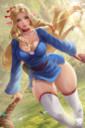  1girls absurd_res absurdres bare_hips big_breasts big_thighs blonde_hair blue_clothes blue_clothing blue_dress breasts busty butterfly child_bearing_hips choker cleavage clothed clothed_female clothing dress dungeon_meshi elf elf_ears elf_female extremely_high_resolution female female_only grass green_eyes high_resolution highres hips holding_staff huge_filesize large_breasts large_filesize light-skinned_female light_skin long_hair marcille_donato outdoors pointy_ears prywinko red_choker solo staff thick thick_female thick_hips thick_thighs thighhighs thighs very_high_resolution white_thighhighs wide_hips 