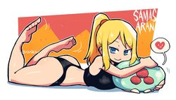  black_bikini blonde_hair blue_eyes crap-man female gym_clothes heart looking_at_viewer lying_on_breasts lying_on_stomach metroid metroid_(creature) ponytail rariatto_(ganguri) safe_for_work samus_aran sfw smile smiling smiling_at_viewer speech_bubble sports_bikini 