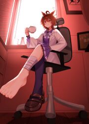  absurdres agnes_tachyon_(umamusume) ahoge animal_ears bandaged_leg bandages barefoot beaker black_thighhighs brown_hair chair chemical_structure coat cup drawer drawing_(object) earrings erlenmeyer_flask feet female flask foot_focus foreshortening highres holding holding_cup horse_ears horse_girl indoors jewelry koyox_ll lab_coat light_smile long_sleeves office_chair open_clothes open_coat picture_frame pleated_skirt purple_serafuku purple_shirt purple_skirt red_eyes school_uniform serafuku shirt single_barefoot single_earring single_thighhigh sitting skirt solo swivel_chair thighhighs toenails toes tracen_school_uniform umamusume white_coat window wolf_cut 