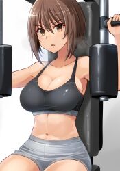  bike_shorts black_bra black_sports_bra bra breasts brown_eyes exercise_machine exercising female girls_und_panzer grey_shorts gym_shorts gym_uniform highres kitayama_miuki navel nishizumi_maho short_hair shorts sitting sports_bra steaming_body sweat underwear white_background 