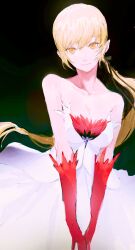  ._(kometto333) bare_shoulders black_background blonde_hair breasts cleavage collarbone dress elbow_gloves female gloves highres kiss-shot_acerola-orion_heart-under-blade kizumonogatari long_hair looking_at_viewer low_ponytail monogatari_(series) multicolored_clothes multicolored_dress oshino_shinobu pointy_ears red_dress red_gloves simple_background solo strapless strapless_dress vampire white_dress yellow_eyes 