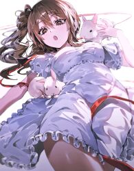  :o bloom breasts brown_eyes cevio cowboy_shot crossed_legs dress empire_waist female frilled_dress frills hair_bun hand_up highres large_breasts long_hair looking_at_viewer looking_down lying on_back puffy_short_sleeves puffy_sleeves red_ribbon ribbon santa_(ssanpanty) satou_sasara short_sleeves side_ponytail sidelighting single_side_bun solo underbust white_background white_dress white_rabbit_(animal) 