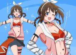  bikini bikini_top_only blue_background blue_eyes breasts brown_hair cleavage closed_eyes commentary_request detached_sleeves female hair_ornament hair_rings hairband hairclip heart highres jacket love_live! love_live!_nijigasaki_high_school_idol_club medium_breasts medium_hair multiple_views navel one_eye_closed open_clothes open_jacket osaka_shizuku pink_jacket red_bikini ribbon shorts sleeveless sleeveless_jacket stomach_tattoo swimsuit taiyakippassion tattoo thigh_strap translation_request white_ribbon 