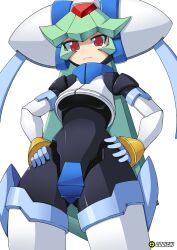  android armor artist_name commentary cowboy_shot crop_top crotch_plate english_commentary female forehead_jewel godichi green_hair hands_on_own_hips helmet highres long_hair looking_down mega_man_(series) mega_man_zx mixed-language_commentary model_w_(mega_man) paid_reward_available pandora_(mega_man) red_eyes simple_background solo white_armor white_background white_helmet 