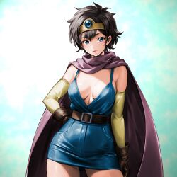  belt black_hair blue_dress blue_eyes breasts brown_belt brown_gloves cape circlet cleavage closed_mouth cowboy_shot detached_sleeves dragon_quest dragon_quest_iii dress female gloves hair_between_eyes heroine_(dq3) highres long_sleeves medium_breasts midriff minamoto80486 pink_lips purple_cape roto_(dq3) short_dress short_hair solo yellow_sleeves 