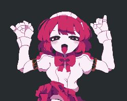  4qw5 android black_background bow bowtie dorothy_haze female highres joints red_bow red_bowtie red_eyes red_hair red_skirt robot_joints sexually_suggestive shirt short_hair simple_background skirt solo tongue tongue_out va-11_hall-a white_shirt wrist_cuffs 