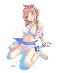  arm_support bare_legs bare_shoulders barefoot bikini blue_eyes blue_nails blush bracelet breasts brown_hair cleavage collarbone earrings feet female gakuen_idolmaster hair_bun hair_ribbon hamedoragon highres himesaki_rinami idolmaster jewelry large_breasts long_hair looking_at_viewer multicolored_nails nail_polish navel necklace open_mouth ribbon side-tie_bikini_bottom single_side_bun sitting smile solo swimsuit toenail_polish toenails toes wariza wet white_bikini 