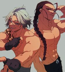  2boys asumi_kazuro braid brown_hair company_connection crossover fingerless_gloves gloves grey_background grey_hair highres kowloon_feng long_hair looking_at_viewer male_focus mole mukai_nemui multiple_boys no_nipples pants parted_lips sidelocks simple_background single_braid tattoo topless_male undead_unluck 