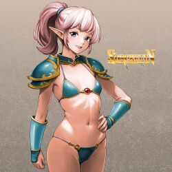  arm_guards armor bikini_armor blue_armor blue_eyes breasts cleavage copyright_name cowboy_shot dragon_slayer_(series) elf female gold_trim grin hand_on_own_hip highres medium_hair midriff minamoto80486 navel o-ring o-ring_bottom pauldrons pink_hair pointy_ears ponytail shoulder_armor small_breasts smile solo sorcerian teeth 