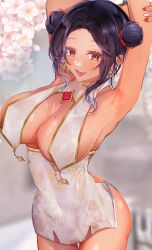  6_may_6 arm_behind_head arm_up armpits blurry blurry_background breast_curtains breasts brown_eyes dark-skinned_female dark_skin double_bun dress earrings female floral_print flower hair_bun highres jewelry large_breasts mole mole_on_breast mole_under_eye nijisanji nijisanji_en piercing pink_gemstone scarle_yonaguni short_dress solo stretching tongue tongue_piercing two-tone_nails virtual_youtuber white_dress white_flower 