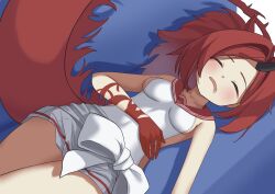  absurdres black_horns blue_archive blush breasts dragon_tail female halo highres horns open_mouth pleated_skirt ponytail red_hair red_sailor_collar renge_(blue_archive) sailor_collar single_horn skirt sleeping small_breasts solo spiked_hair tail user_kykv8233 white_skirt 