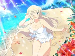  :d aqua_eyes bare_shoulders barefoot beach bird blonde_hair blush boat bow breasts cleavage coconut coconut_tree collarbone crab falling_petals female flower flower_on_liquid footprints grass hair_ornament hairclip hibiscus horizon large_breasts lens_flare light_particles light_rays long_hair looking_at_viewer mountain mountainous_horizon ocean official_art one-piece_swimsuit one_eye_closed open_mouth orange_flower palm_leaf palm_tree petals plant red_flower ribbon sailboat sand seagull seashell senran_kagura senran_kagura_new_link senran_kagura_shoujo-tachi_no_shin&#039;ei shell shielding shiny_skin smile solo sparkle standing standing_on_one_leg starfish sunbeam sunlight swimsuit swimsuit_skirt thigh_gap tree tropical water watercraft white_bow white_flower white_one-piece_swimsuit white_ribbon yaegashi_nan yellow_flower yomi_(senran_kagura) 