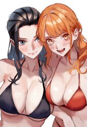  2girls :d bikini black_bikini black_hair blue_eyes breasts cleavage collarbone english_commentary forehead highres large_breasts long_hair looking_at_viewer mixed-language_commentary multiple_girls nami_(one_piece) nico_robin one_piece orange_eyes orange_hair red_bikini shoulder-to-shoulder smile swimsuit twitter_username vcais white_background 