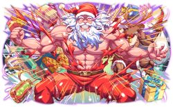  2boys abs animal_ears antlers bare_arms bare_legs bare_pectorals bare_shoulders beard bell belt black_sclera blue_bow blue_ribbon bow box brown_belt brown_fur cel_shading christmas clenched_hand clenched_teeth closed_mouth colored_sclera crash_fever deer_antlers deer_ears diagonal-striped_bow drooling emphasis_lines facial_hair game_cg gift gift_box hat holding holding_sack horns looking_at_viewer male_focus medium_hair moustache mouth_drool multiple_boys muscular muscular_male neck_bell no_shirt official_art open_mouth outline pants pectorals pinstripe_pattern polka_dot pom_pom_(clothes) puffy-trimmed_hat puffy-trimmed_shorts red_eyes red_hat red_outline red_pants red_shorts reindeer ribbon sack saliva santa_claus santa_hat saturated shield shorts simple_background snow solo_focus straight-on tachi-e teeth tied_beard torn_clothes torn_coat torn_pants transparent_background vertical-striped_ribbon white_hair white_pom_poms yellow_bow 