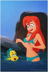  1girls ariel belly_button bikini breasts cartoongirls disney flounder red_eyes standing_in_doorway the_little_mermaid water 